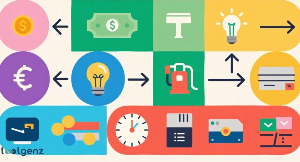 An infographic using a colorful, block-based flow chart to illustrate conversions between various concepts, including currency, energy (lightbulbs), fuel, time, and digital data. The blocks are connected by arrows to show the flow of conversion.