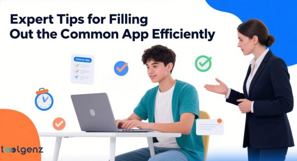 A young male student sits at a desk, typing on a laptop, while a female mentor stands beside him, gesturing towards the screen. Icons representing time management and checklists float around them. The title reads "Expert Tips for Filling Out the Common App Efficiently."
