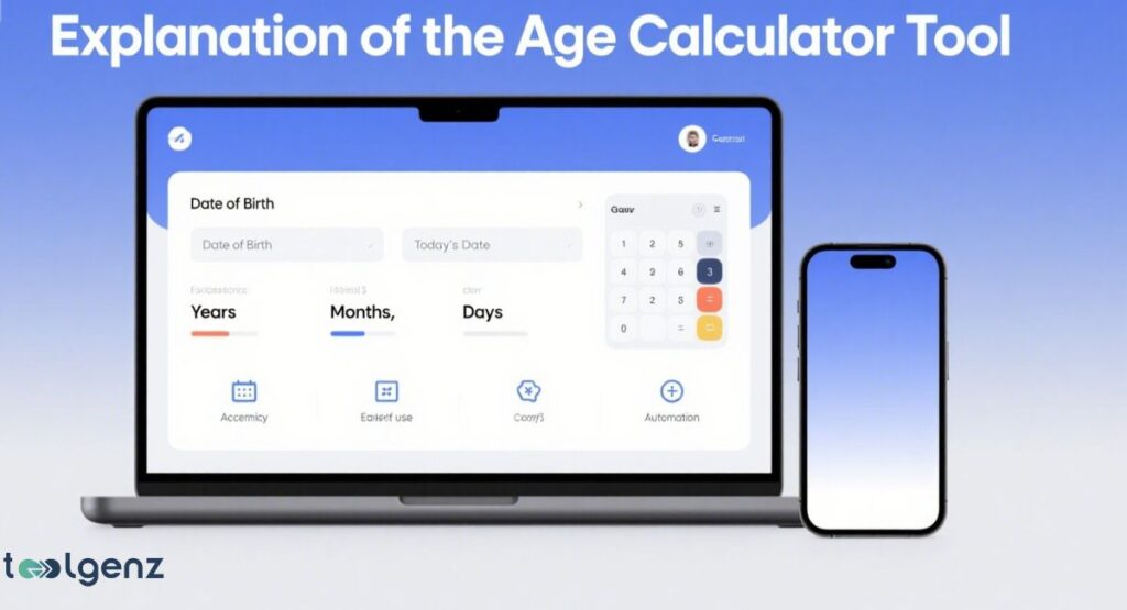 The laptop screen displays a user interface for an "Age Calculation Tool," with fields for "Date of Birth" and "Today's Date," and shows the results in "Years," "Months," and "Days."