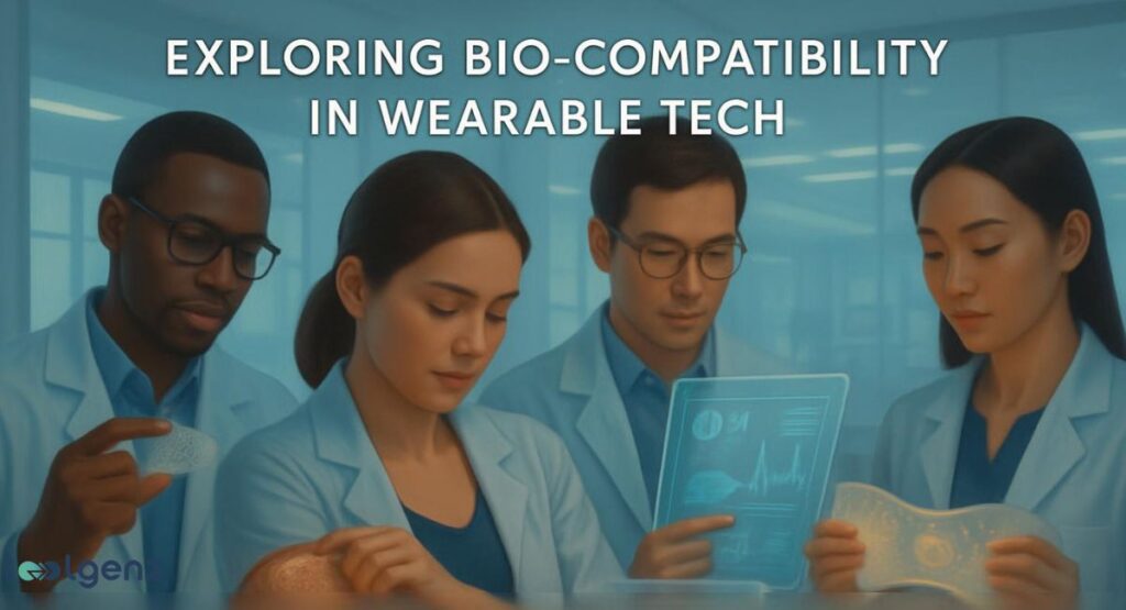 "EXPLORING BIO-COMPATIBILITY IN WEARABLE TECH." The scene shows four scientists in lab coats examining different transparent and flexible materials. One is holding a piece of a flexible circuit, another is looking at a futuristic tablet displaying data, and a third is holding a flexible, curved device. The image conveys a theme of research and development in the field of biomedical engineering and advanced materials for wearable technology.