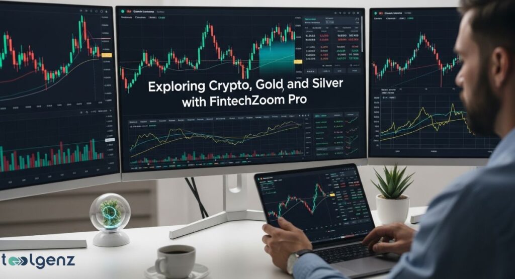 Exploring Crypto, Gold, and Silver with FintechZoom Pro, A man is intently viewing three large monitors and a laptop, all displaying detailed cryptocurrency and stock market charts, with a small decorative globe on the desk. A man is intently viewing three large monitors and a laptop, all displaying detailed cryptocurrency and stock market charts, with a small decorative globe on the desk.