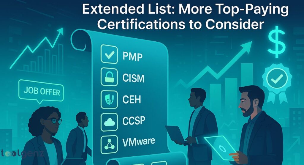 The image displays a scrolling list of certifications, including PMP, CISM, CEH, CCSP, and VMware, with a stylized arrow pointing toward a dollar sign and a certification icon, representing career and salary growth.