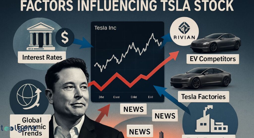 "Factors Influencing TESLA Stock." The image shows Elon Musk's face and a central graph for Tesla stock, surrounded by icons representing factors like interest rates, global economic trends, EV competitors (Rivian), and Tesla factories.