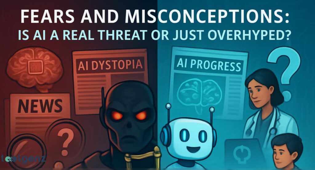 "FEARS AND MISCONCEPTIONS: IS AI A REAL THREAT OR JUST OVERHYPED?". The image is split into two sides. The left side, in red tones, depicts the fears associated with AI, including a menacing robot, a newspaper headline "AI Dystopia," a brain icon, and question marks. The right side, in blue tones, represents the progress of AI, with a friendly robot, a newspaper headline "AI PROGRESS," a doctor with a laptop, and a brain icon. The image contrasts the dystopian and utopian views of artificial intelligence.