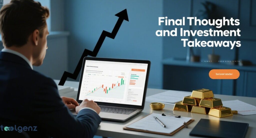 A man in a suit looks at a laptop displaying a financial graph with an upward trend. On the table next to the laptop are stacks of gold bars and coins. The title reads "Final Thoughts and Investment Takeaways."