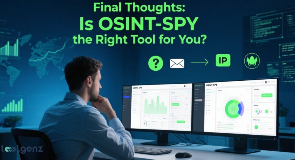 A man is seated at a desk, looking at two computer monitors that display data analysis dashboards for "OSINT-SPY." The title asks, "Final Thoughts: Is OSINT-SPY the Right Tool for You?" The background is a futuristic, tech-filled room with various holographic data streams.
