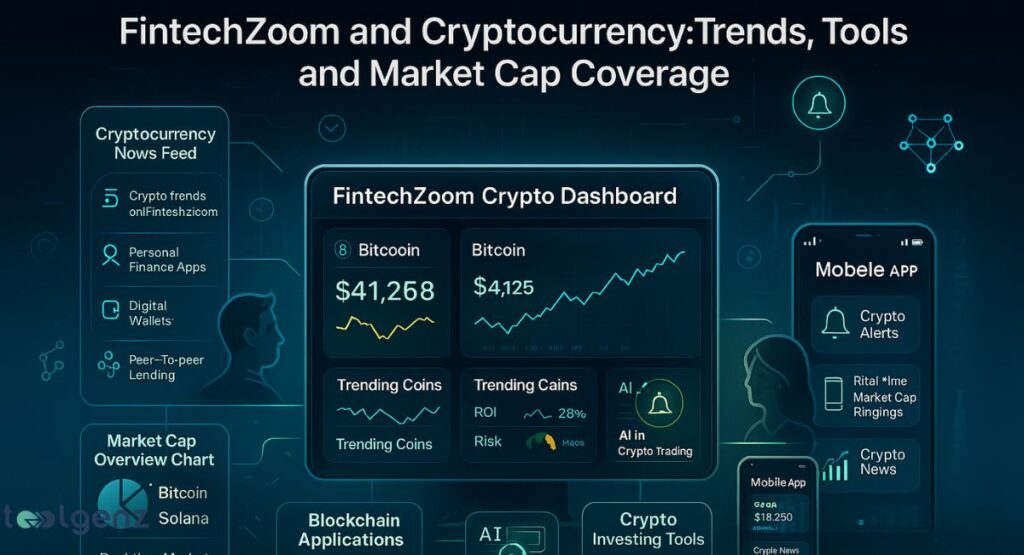 A digital interface graphic detailing cryptocurrency trends and tools offered by "FintechZoom." The central dashboard shows Bitcoin's price and a line graph, with sections for "Trending Coins," "AI in Crypto Trading," and a "Market Cap Overview Chart" in the background. A mobile app interface on the right shows "Crypto Alerts." The title at the top is "FintechZoom and Cryptocurrency: Trends, Tools and Market Cap Coverage."