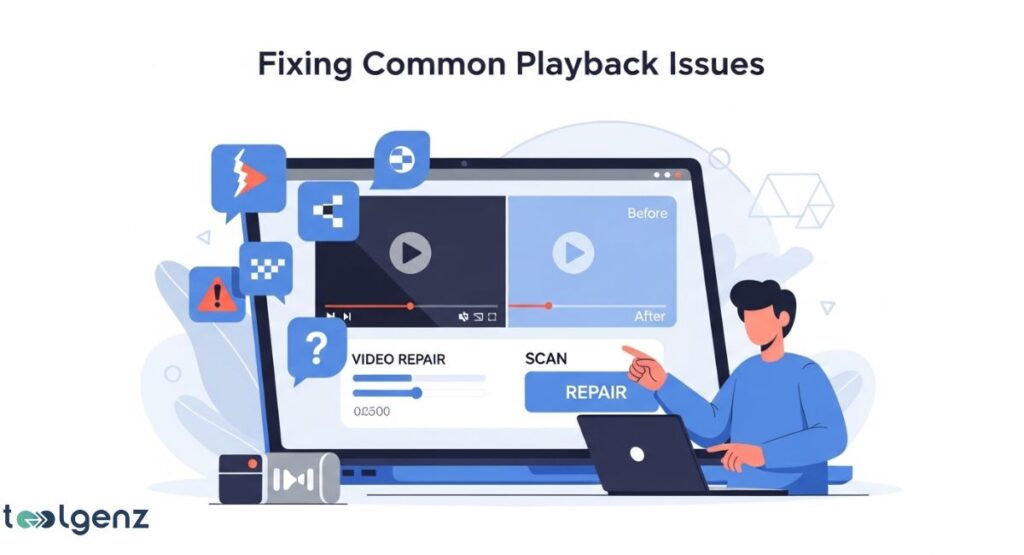 A man is shown in front of a laptop with a video playback issue on the screen. He is pointing at a "Repair" button, and various icons representing issues like error messages, a question mark, and a warning sign float around the screen.