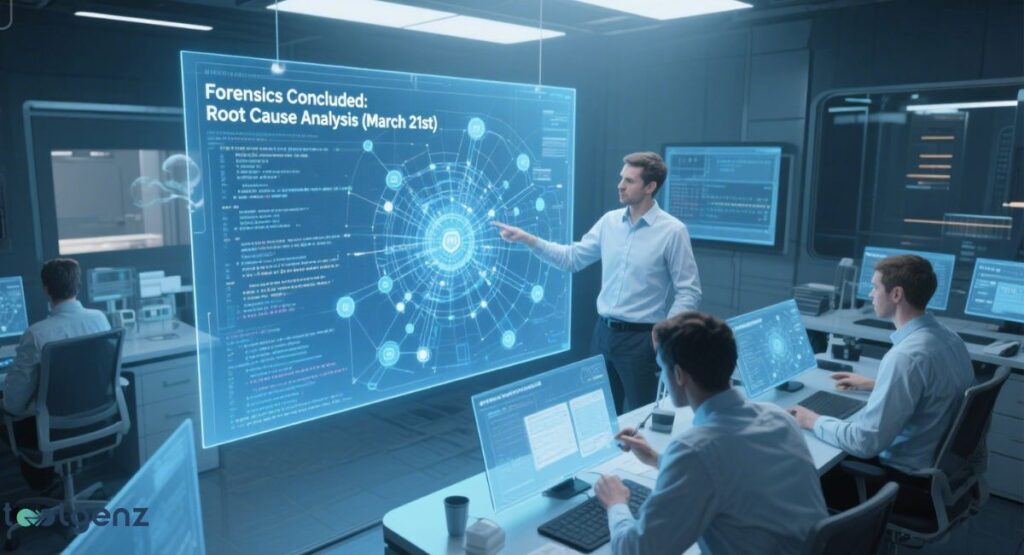 "Forensics Concluded: Root Cause Analysis (March 21st)." The image depicts three professionals in a high-tech control room with large holographic screens. A male manager is standing and pointing at a large, transparent screen that shows a circular, interconnected data diagram. Two other men are seated at desks, looking at their own holographic monitors.