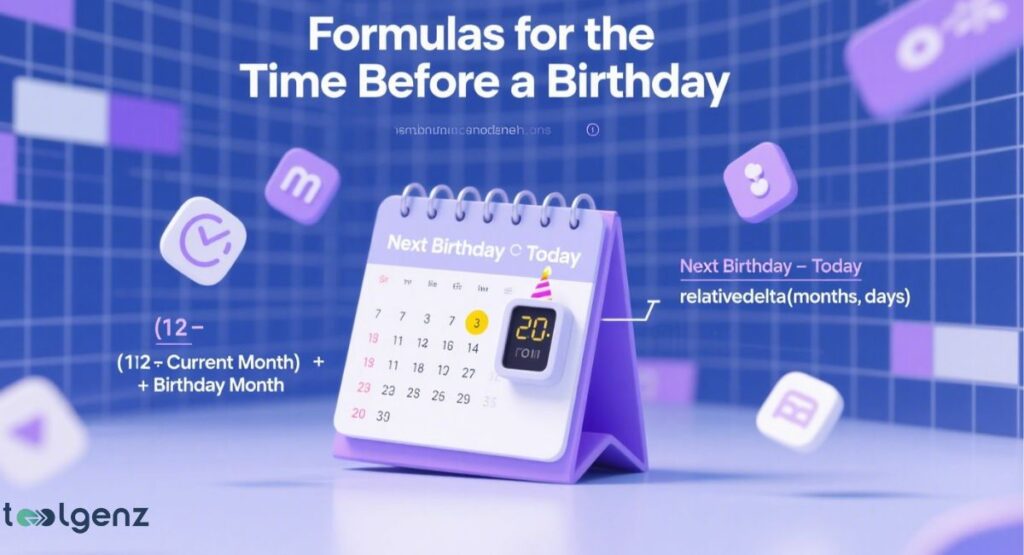 A purple-themed infographic with a central calendar showing "Next Birthday" and the number "20." It includes mathematical formulas for calculating time before a birthday, along with various icons like a clock, a gift box, and a mobile phone.