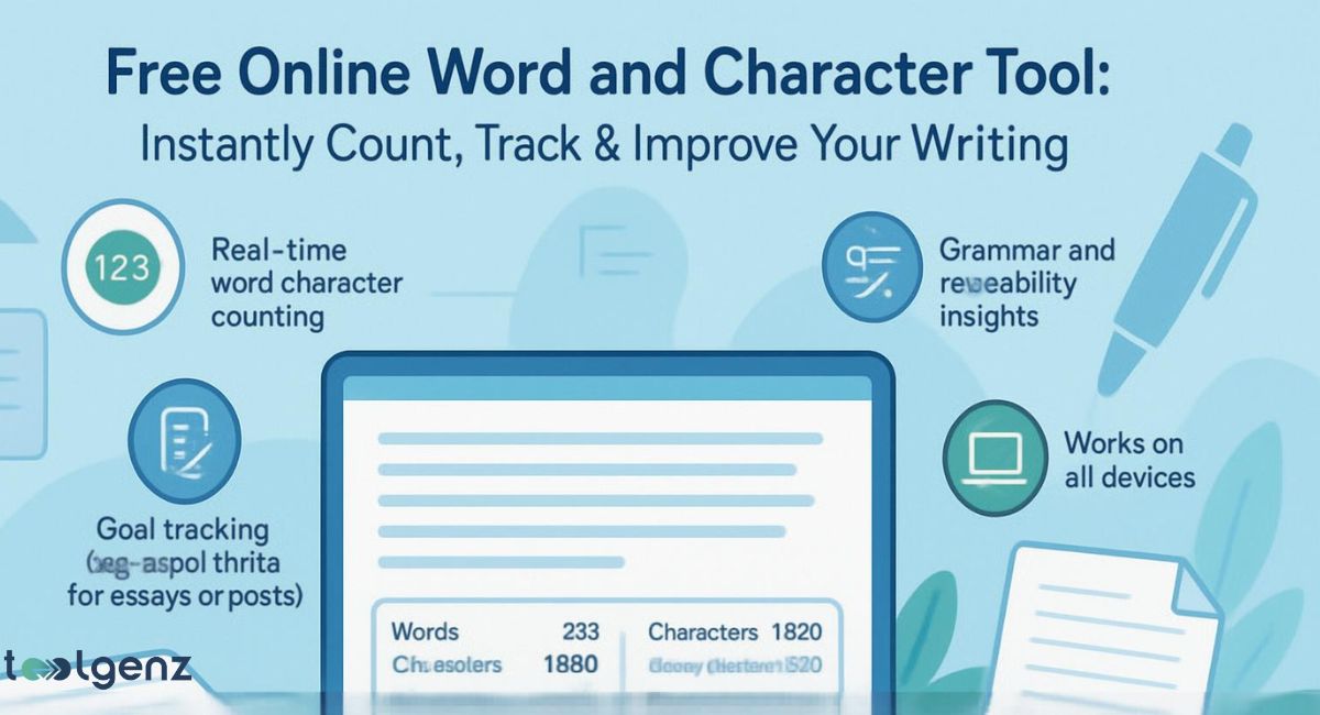 "Free Online Word and Character Counter Tool: Instantly Count, Track & Improve Your Writing." The image shows a laptop screen with a text document open and a display of word and character counts. It also highlights the key features of the tool, such as "Real-time word character counting," "Grammar and readability insights," and "Goal tracking," all illustrated with relevant icons.