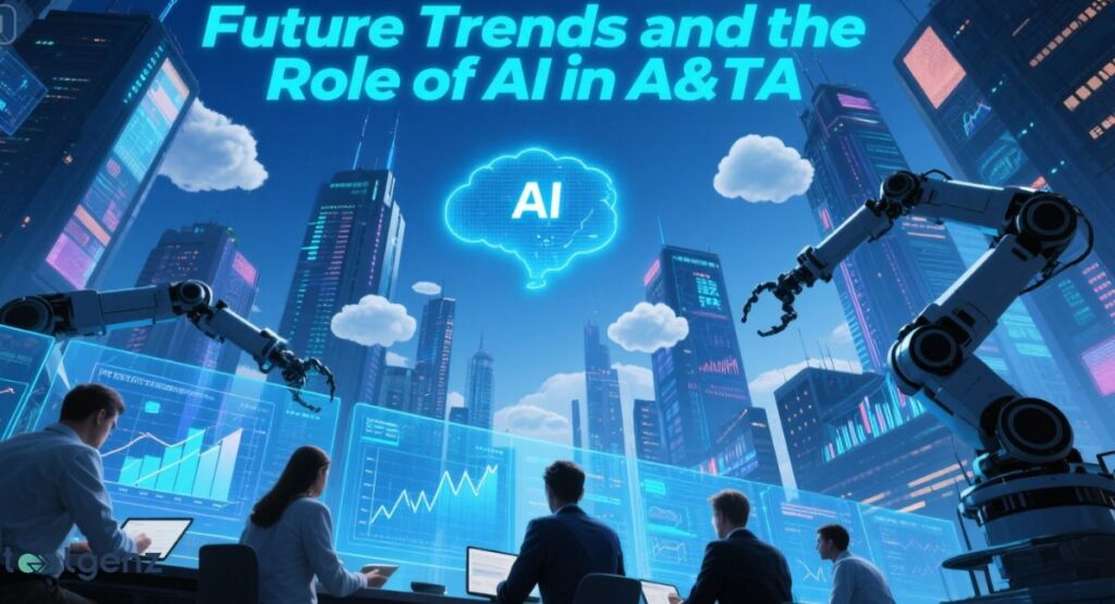 A group of professionals in an office with large screens displaying charts and graphs, and giant robotic arms in the background. A glowing "AI" symbol hovers in the sky above a futuristic cityscape.