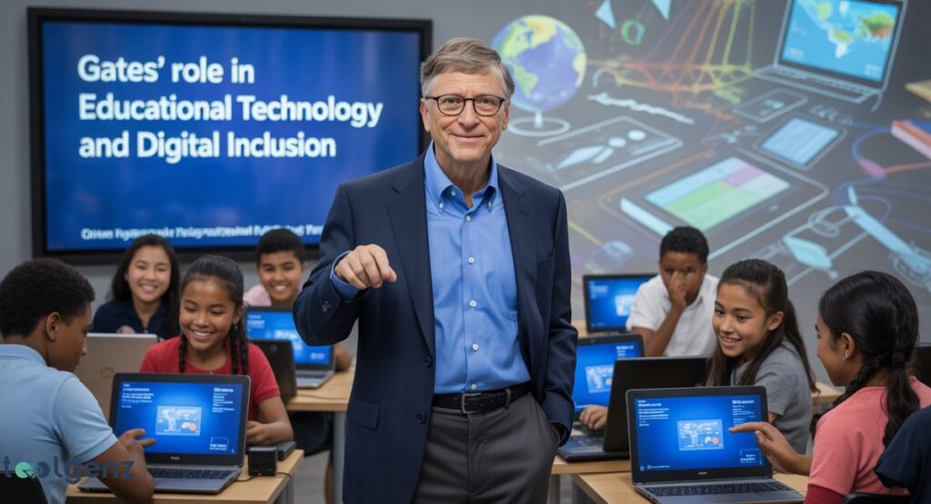 Bill Gates stands smiling in a classroom, surrounded by a diverse group of students using laptops. The title on a large screen behind him reads "Gates' role in Educational Technology and Digital Inclusion.