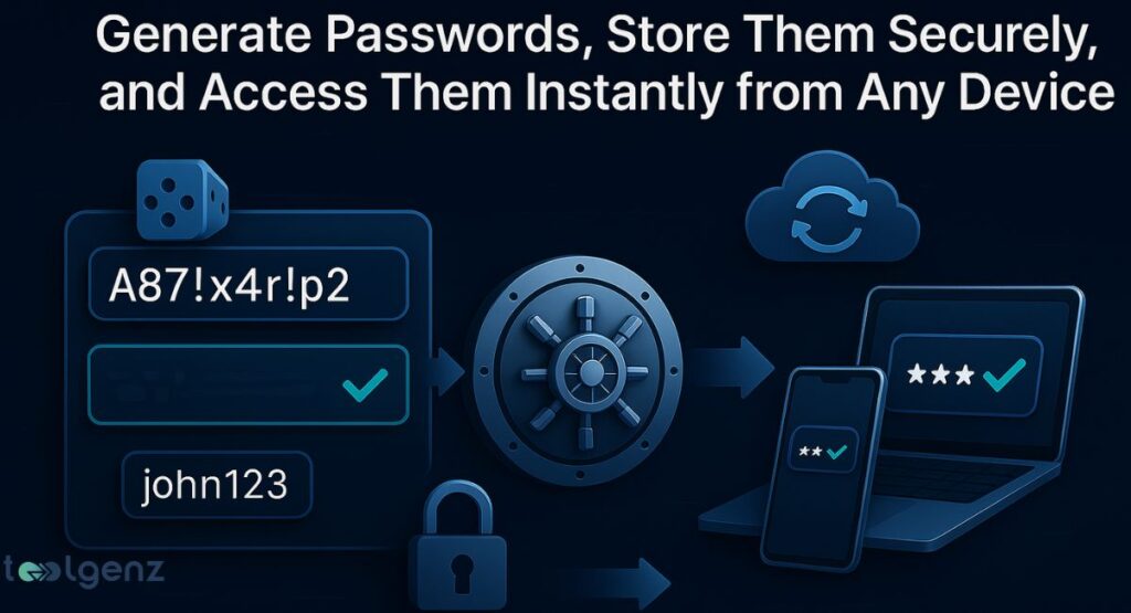 The image shows a flowchart from a password generation icon and a vault to a smartphone and a laptop, illustrating secure password management across multiple devices.