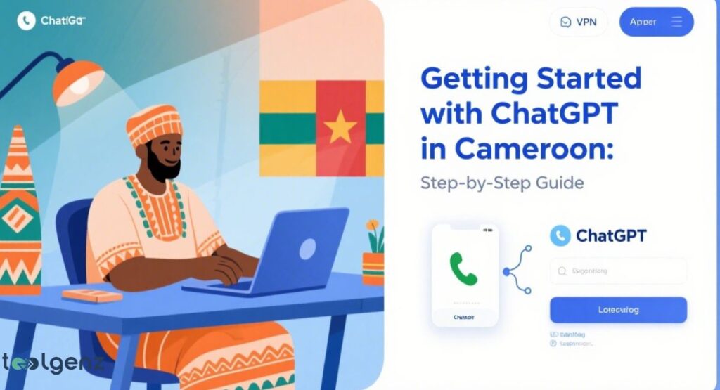 A colorful illustration of a man sitting at a desk with a laptop. Behind him is the flag of Cameroon. On the right side of the image, there are graphics for a VPN connection and the ChatGPT logo. The title reads, "Getting Started with ChatGPT in Cameroon: Step-by-Step Guide."