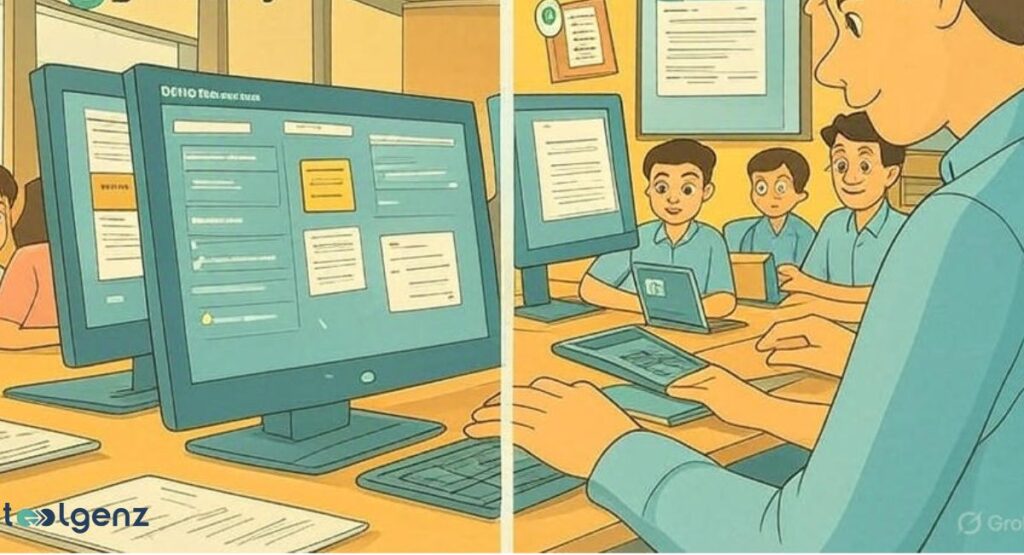 The left side depicts an office environment with multiple computer screens displaying the Grammarly interface. The right side shows a teacher or instructor assisting students in a classroom, with one person using a tablet.