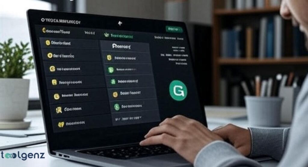 A person is using a laptop in a dimly lit room, with the screen displaying a dark mode version of the Grammarly application. The interface shows a list of documents or emails on the left and a prominent "G" logo on the right.