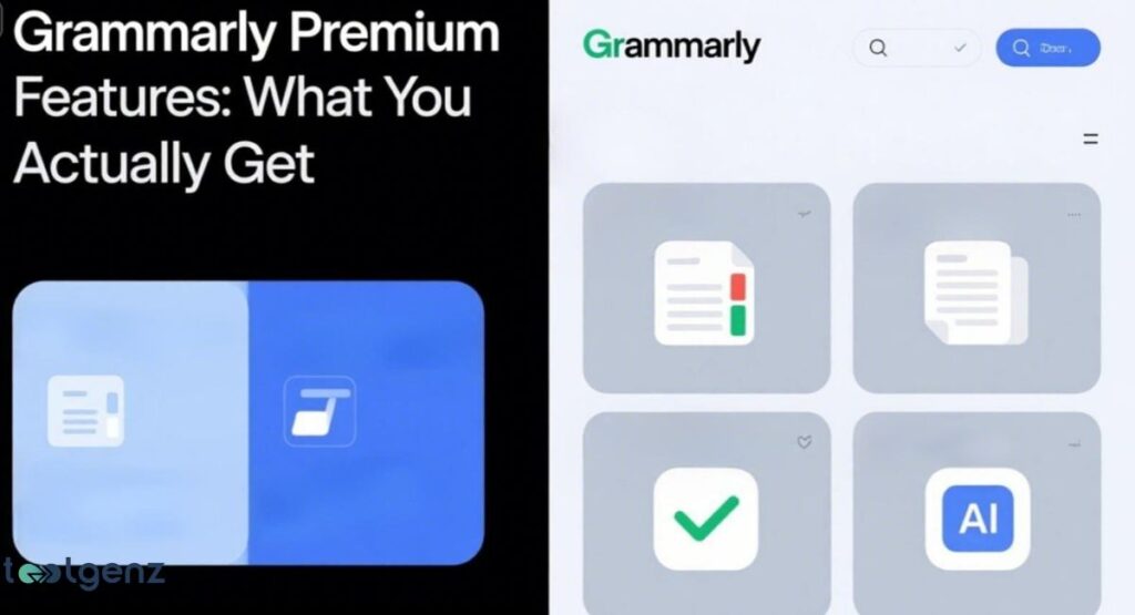 Showing a split-screen. The left side displays a blue gradient card, while the right side shows four icons representing Grammarly's features: a checked document, a stylized AI logo, a checked box, and a standard document.