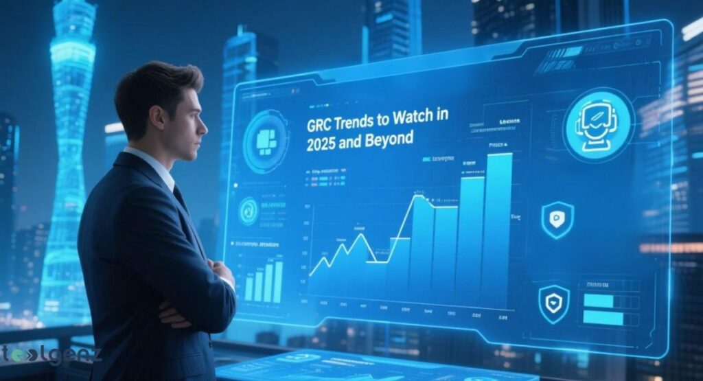 A man in a suit is looking at a large, transparent digital screen displaying the title "GRC Trends to Watch in 2025 and Beyond." The screen shows various futuristic data visualizations, including a line graph with an upward trend and several security-related icons.