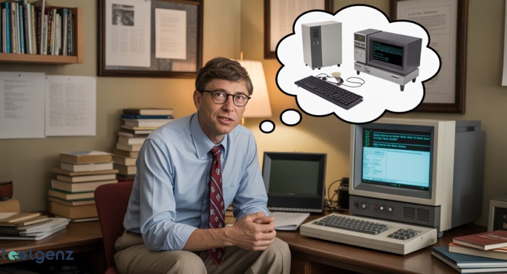 A man who resembles Bill Gates sits at a desk in a vintage office, contemplating. A thought bubble above his head shows a retro computer setup, while a similar computer is on the desk in front of him. The title is "Harvard University Years and the Decision to Drop Out."