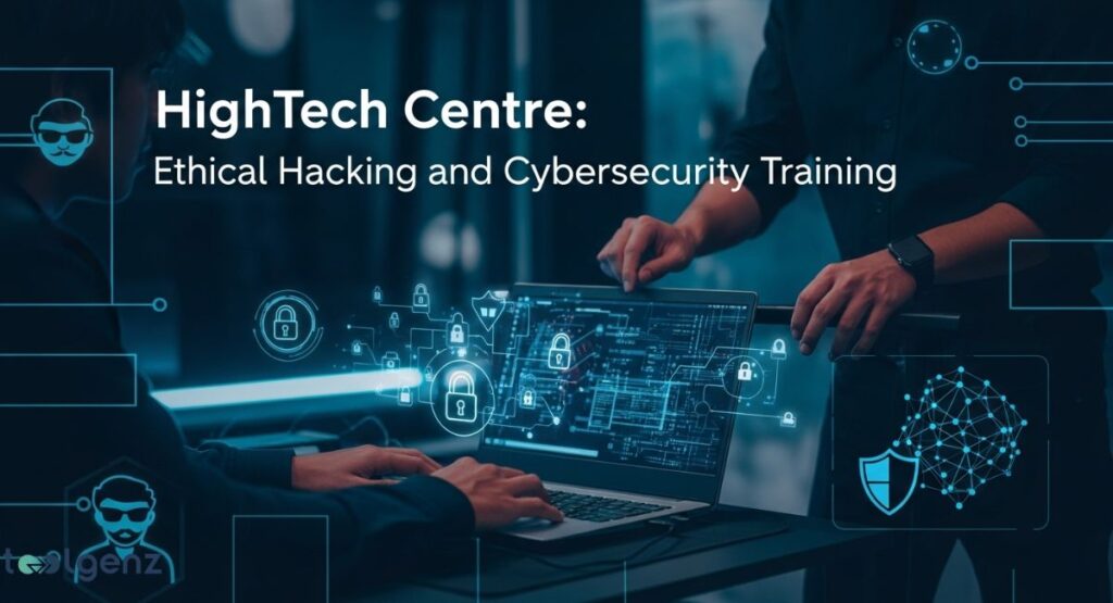 Two people are working on a laptop in a dimly lit, futuristic office setting. The laptop screen displays a network of glowing nodes and lines, with several padlock icons floating in the air, symbolizing cybersecurity.