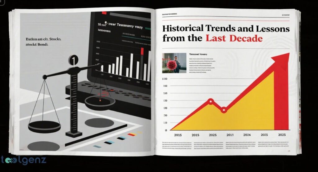 An open magazine spread shows a balance scale and a bar chart on the left page. The right page displays a large red and yellow line graph with an upward trend, titled "Historical Trends and Lessons from the Last Decade."