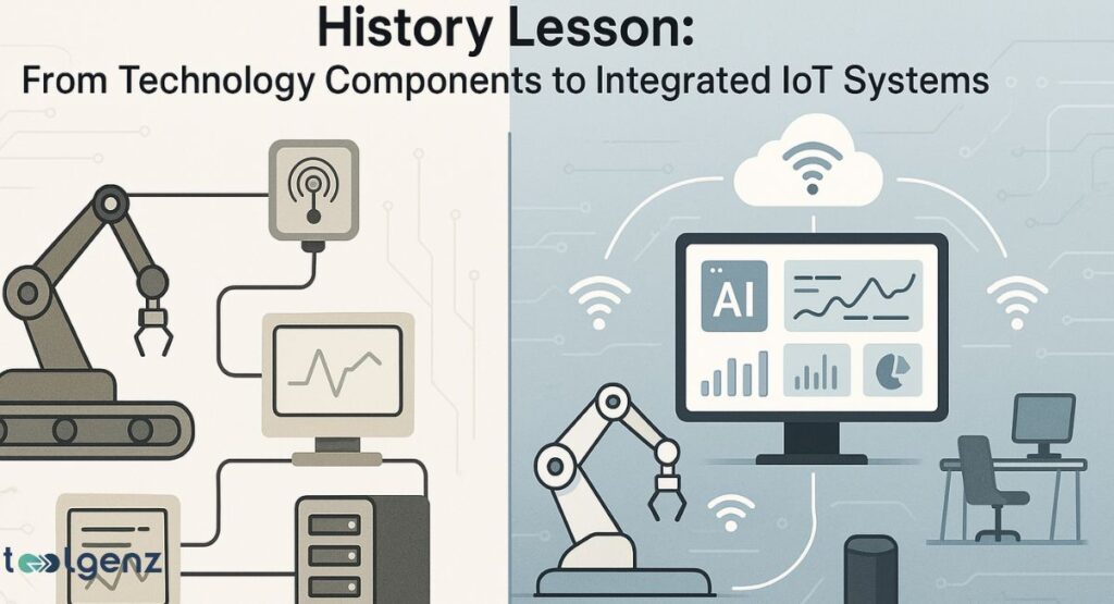 A split-screen illustration showing the evolution from isolated technology components to an integrated IoT system. The left side depicts an old-fashioned, wired setup with a robotic arm and a bulky monitor. The right side shows a modern, wireless office environment with devices like a monitor, a robotic arm, and a smartphone all connected to a cloud and AI hub via Wi-Fi signals.