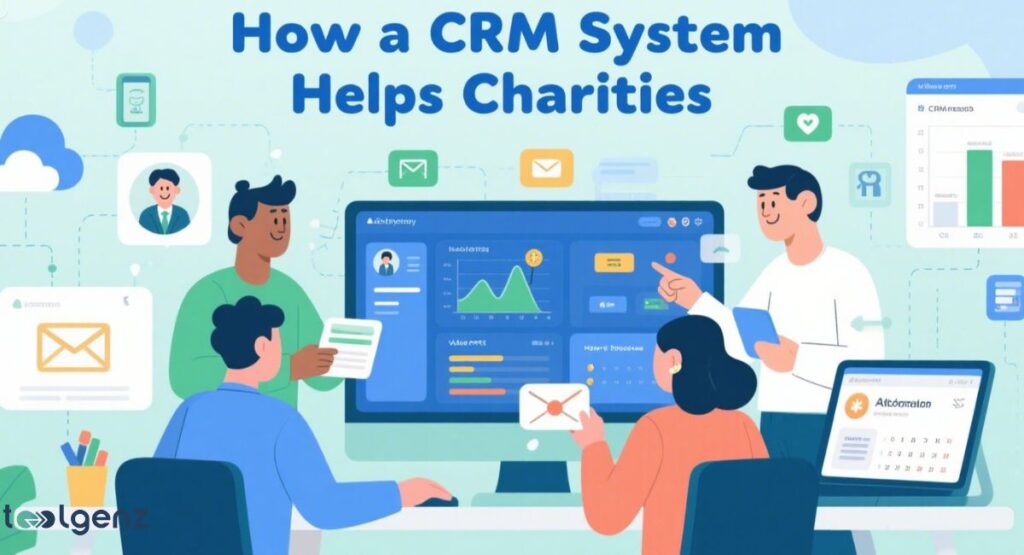 "How a CRM System Helps Charities." It shows a group of people collaborating around a large computer screen displaying a CRM dashboard with a donor profile and performance graphs. Floating icons representing emails, donations, and communication are scattered around the scene, illustrating various functions of the system.