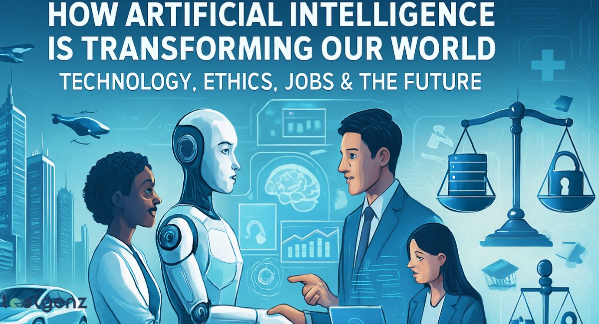 "HOW ARTIFICIAL INTELLIGENCE IS TRANSFORMING OUR WORLD TECHNOLOGY, ETHICS, JOBS & THE FUTURE." The image shows a group of people and a humanoid robot interacting. The background is a futuristic, blue cityscape with floating data screens displaying graphs, a brain icon, and lines of code. The image also includes a statue of Lady Justice with a padlock on her scales and a medical cross, symbolizing the intersection of AI with ethics, law, and healthcare.