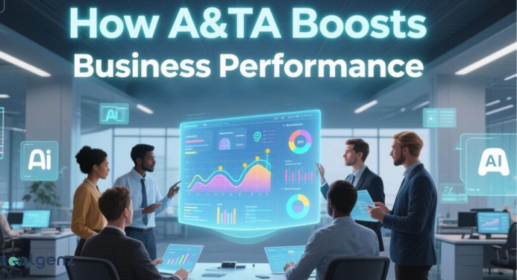 A group of business professionals in an office setting looking at a large, glowing, holographic screen displaying a graph. The title on the screen is "How A&TA Boosts Business Performance." Icons for "Ai" and charts are also visible around the screen.
