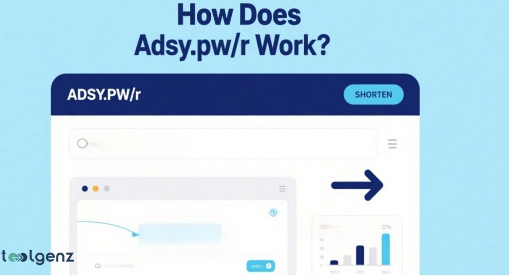 The image displays a stylized web page for "ADSY.PW/r," showing a search bar and a visual process flow with a graph and a large arrow.