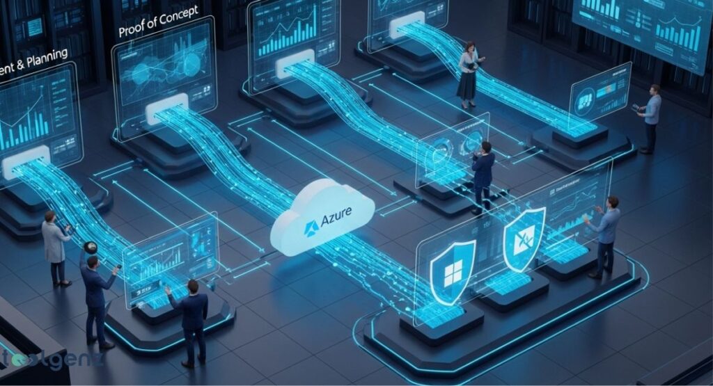 An intricate 3D flowchart illustrating the Azure migration process from left to right. The process begins with "Assessment & Planning" and "Proof of Concept," flowing through various stages of data migration, security, and optimization, culminating in an Azure cloud icon. Business professionals are shown interacting with each stage.