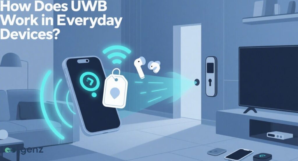 An illustration of a smartphone with a location tag, emitting blue signals to wireless earbuds and a smart lock on a door. The title asks, "How Does UWB Work in Everyday Devices?"