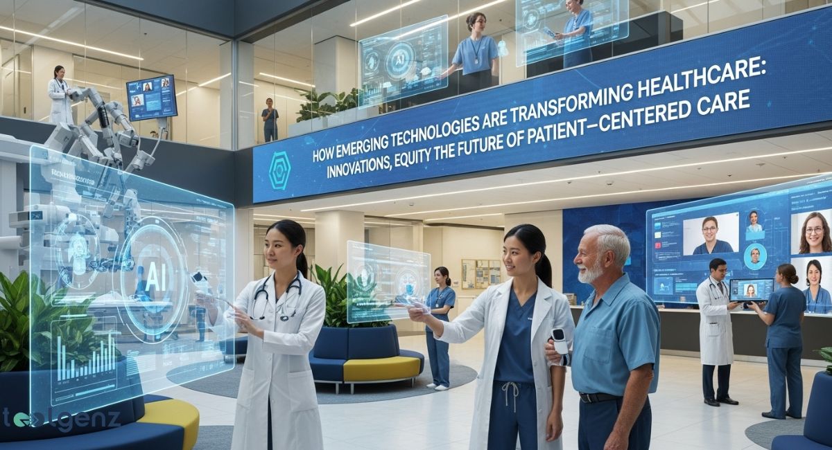 A group of medical professionals and a patient interact with multiple holographic screens and AI technology in a modern hospital lobby. The screens display data, video conferences, and robotic surgical equipment.
