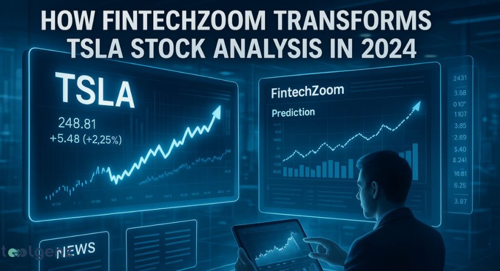 A man in a suit looks at two large, blue holographic screens displaying stock market data for "TSLA" and "FintechZoom." The screens show graphs and numbers, indicating stock prices and predictions. The title is "HOW FINTECHZOOM TRANSFORMS TSLA STOCK ANALYSIS IN 2024."