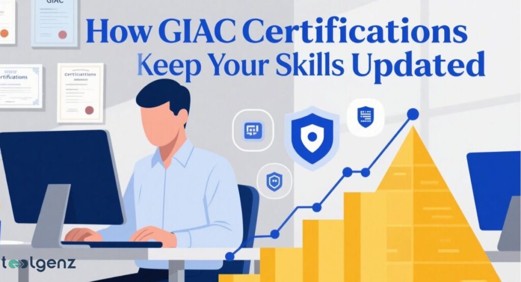 A computer screen displays an abstract diagram showing how a GIAC certification is connected to different processes, with a GIAC certificate shown on the left. The title at the top is "What is GIAC and how do these certifications work."