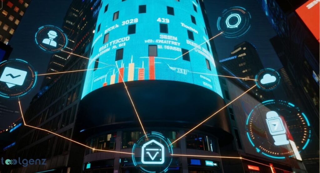 How NASDAQ influences the fintech industry, A tall, modern building in a city at night is covered in digital screens displaying financial data and charts. The building is surrounded by glowing, connected icons representing various technology and communication concepts.