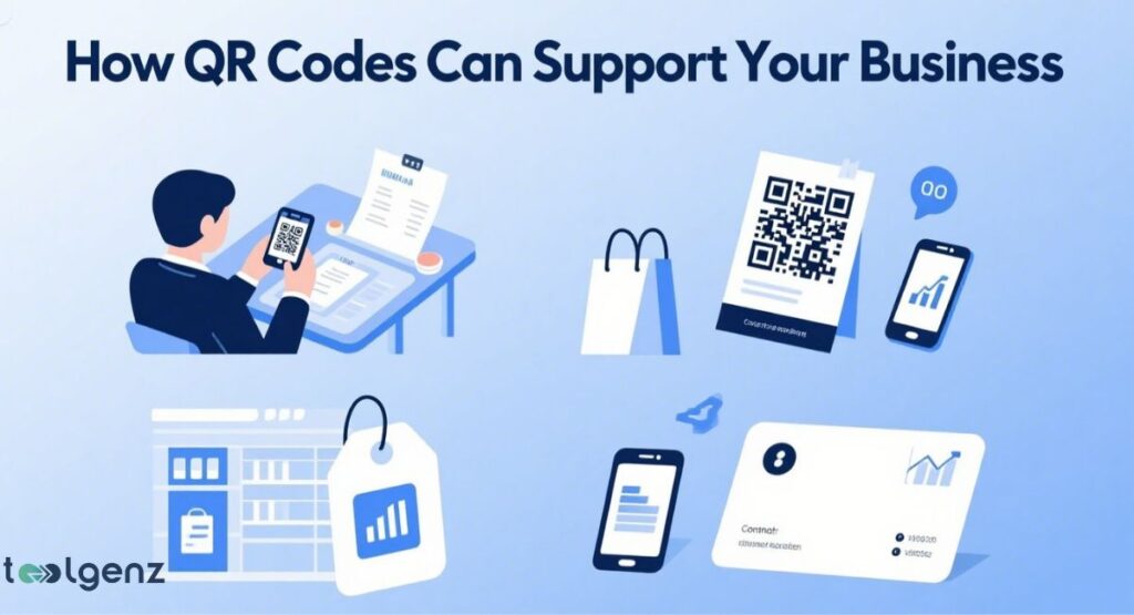 The image displays various use cases for QR codes, including linking to documents, websites, and business cards, and tracking analytics.