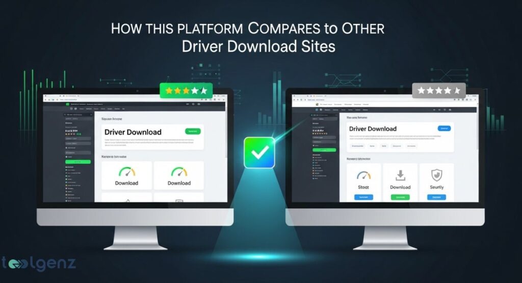 Two computer monitors are shown side by side, comparing a "driver download" website. The monitor on the left has a five-star rating and is depicted with a secure checkmark, while the one on the right has a one-star rating and a less secure interface.