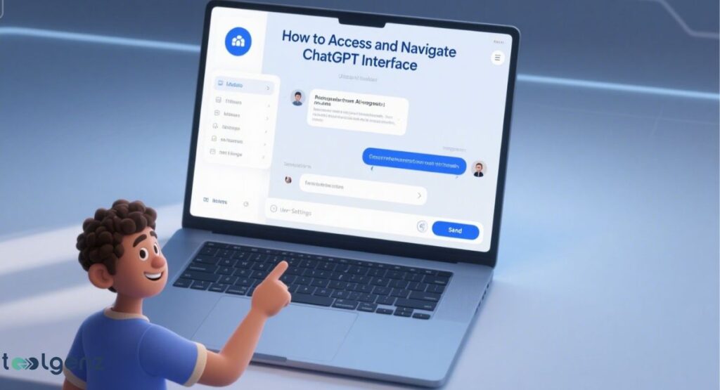 A 3D cartoon illustration of a boy smiling and pointing to a laptop screen that displays the ChatGPT interface. The interface shows a chat window with a conversation, a sidebar menu, and user settings. The title at the top of the screen reads "How to Access and Navigate ChatGPT Interface."