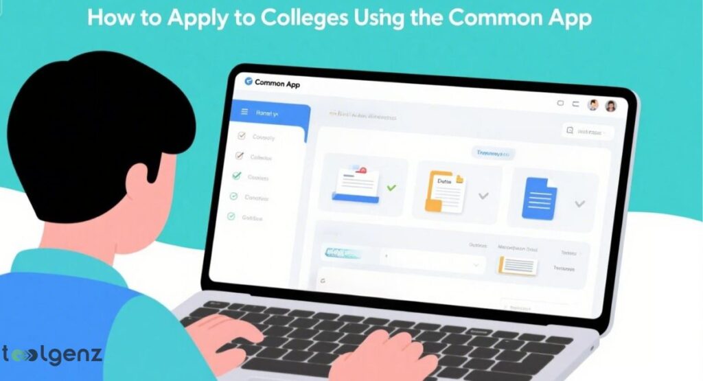 An illustration of a student using a laptop to fill out the Common App. The laptop screen displays the Common App interface with various sections like "Deadlines" and "Contacts." The title at the top is "How to Apply to Colleges Using the Common App."