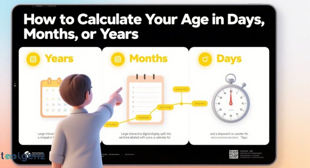 A 3D rendered character points to a large tablet screen explaining how to perform age calculation in days, months, or years. The screen shows a calendar for years and months, and a stopwatch for days. The title is "How to Calculate Your Age in Days, Months, or Years.