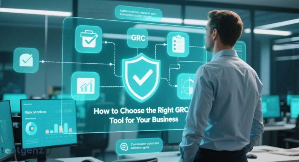A man in an office setting looks at a translucent, holographic display with the title "How to Choose the Right GRC Tool for Your Business." The display shows a central shield icon connected to various other icons representing different GRC functions like risk, compliance, and reporting.