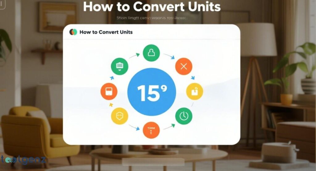 A laptop screen displays an infographic titled "How to Convert Units," showing a central "15°" surrounded by icons representing different measurement types like temperature, time, and data storage, connected by circular arrows.