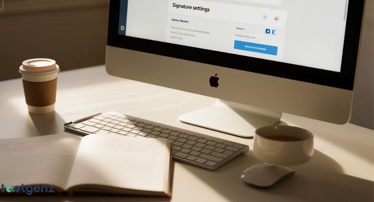 A close-up of a computer screen showing "Signature settings" with a field to edit a professional email signature. A keyboard, mouse, notebook, and a coffee cup are on the desk next to the monitor.
