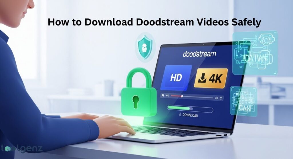 A laptop screen displays a video downloader interface with options for "HD" and "4K" downloads, a progress bar, and a large green padlock icon floating above the keyboard. A shield icon with a checkmark is visible near the top of the screen.