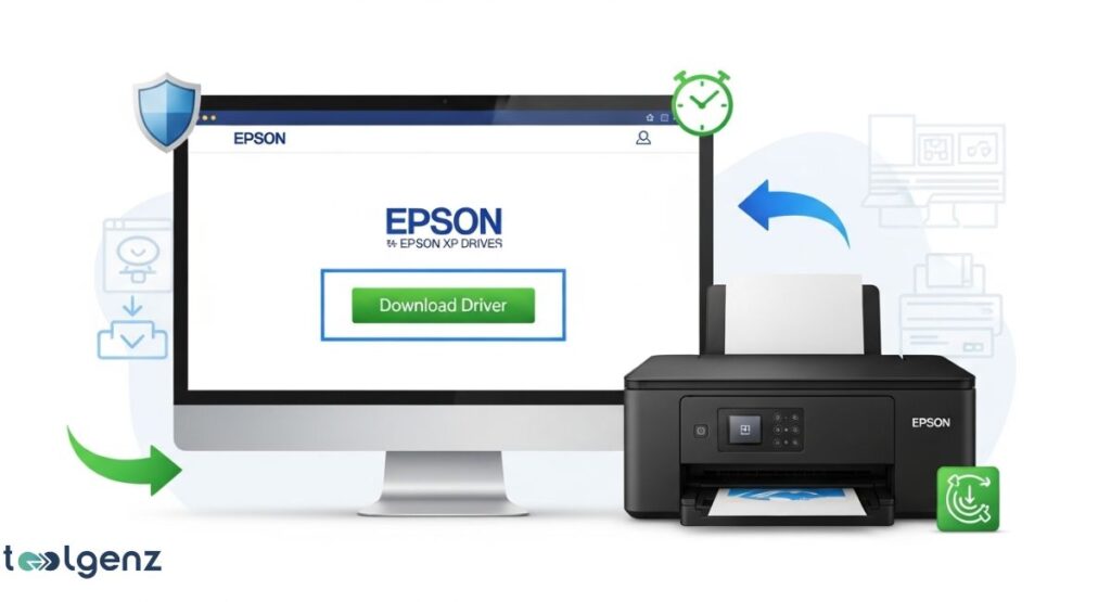 A computer monitor displaying the Epson driver download page is on the left, and an Epson XP-445 printer is on the right. A download process is visualized with green and blue arrows connecting a shield icon, a clock, and a refresh icon, symbolizing a quick, safe, and up-to-date process.