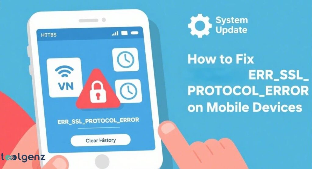 A finger points to a smartphone screen displaying a red warning triangle with a padlock and the "ERR_SSL_PROTOCOL_ERROR" message. A "System Update" gear icon is in the top right.
