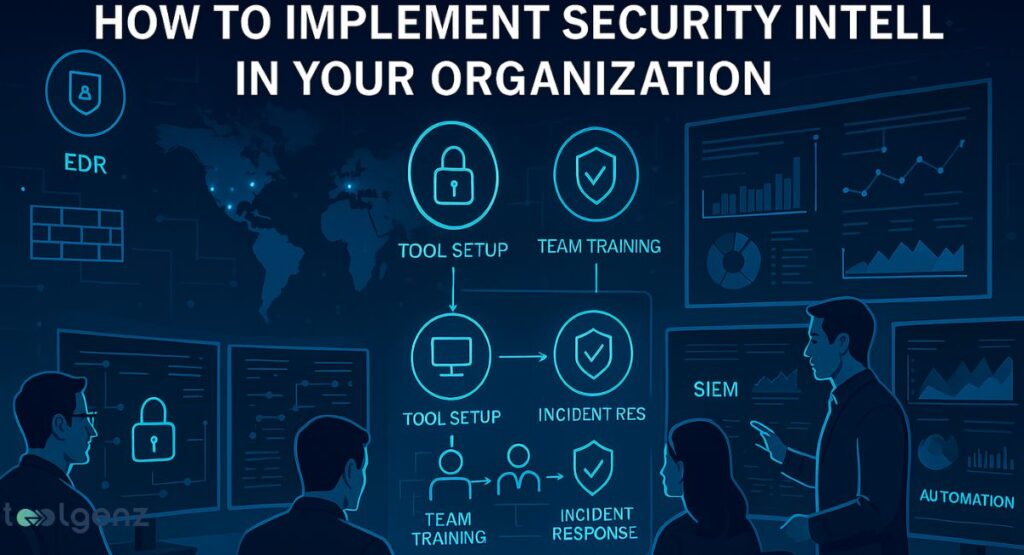 It shows a multi-step process for implementation, including "Tool Setup," "Team Training," and "Incident Response," with various icons like a world map, a padlock, and a security shield.