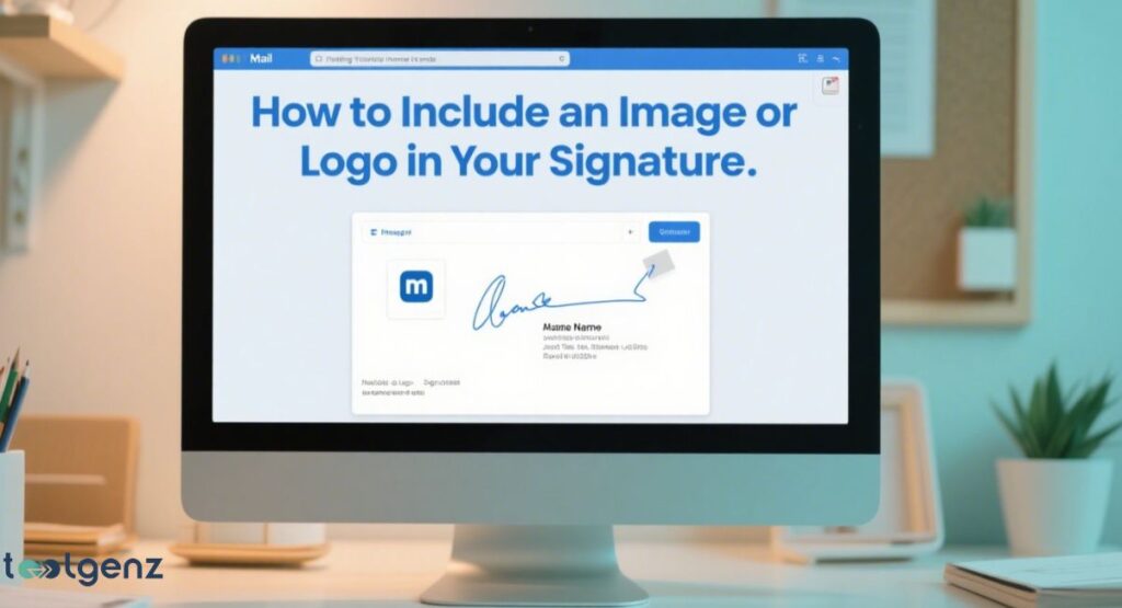 A computer screen displays a guide on how to add an image or logo to an email signature. The signature features a logo, a handwritten signature, and contact information.